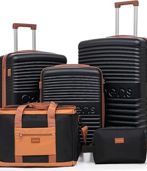 5 Piece Luggage Sets with Spinner Wheels and Tsa Lock, Unisex Hardshell ABS Suitcase Set, Lightweight Hardside Waterproof Travel Suitcases for Men Women, 20/24/28in Black