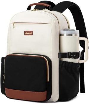 LOVEVOOK Laptop Backpack for Women with Pouch Pocket for Large Capacity Cup,15.6 Inch Laptop Computer Bag Travel Backpack Purse,Waterproof Work Business Backpack College Teacher Bags,Beige-Black-Brown